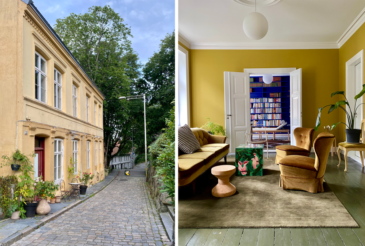 Bygården i Øvre Strandgate ble oppført i 1876, Et fasadebilde og et bilde fra en av de tre fargerike stuene.