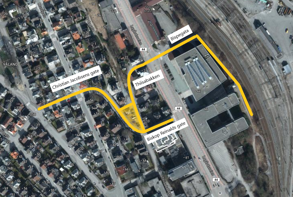 Kart over berørte gater for anleggsområdet