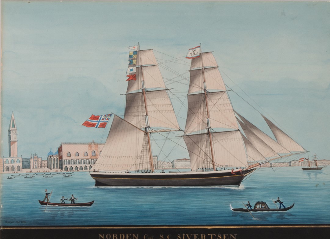 Maleri av seilskute mellom venezianske gondoler