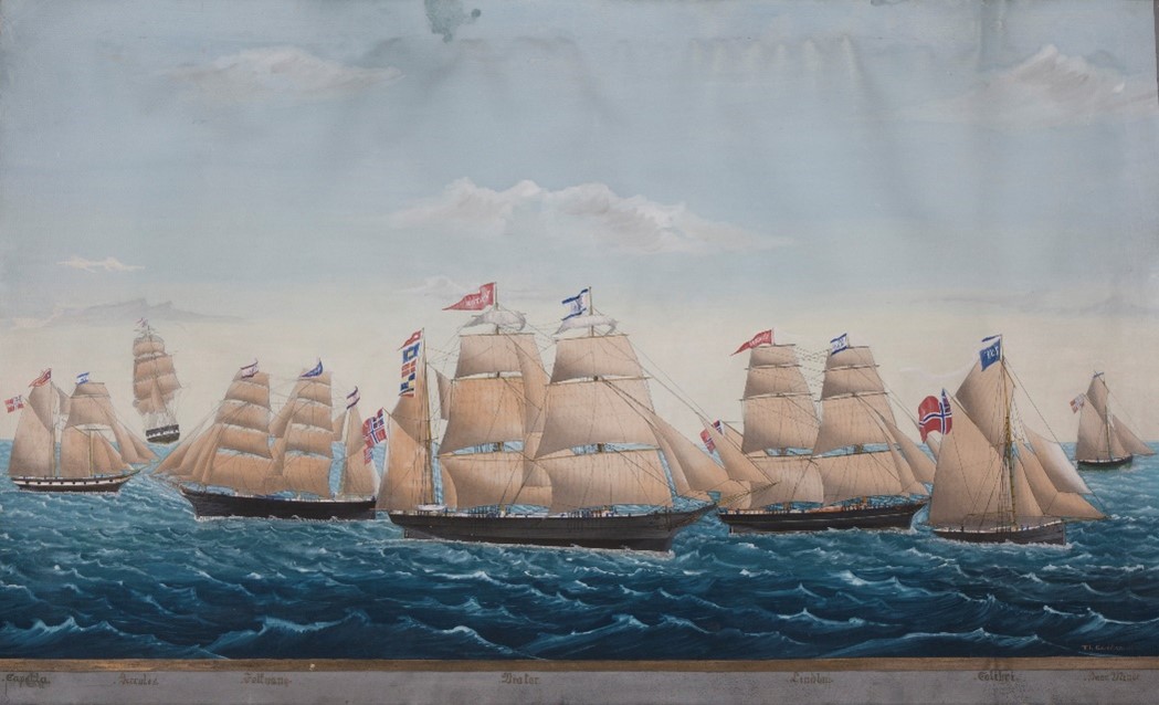 Maleri av syv seilskuter på blått hav under blå himmel