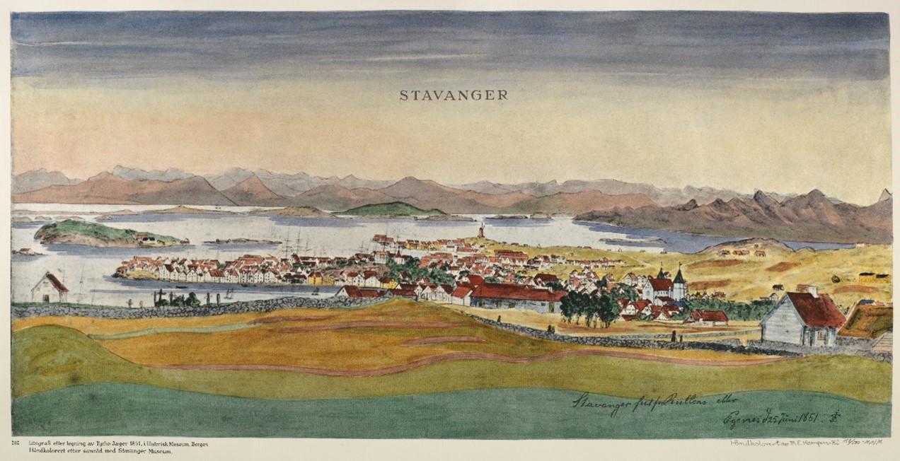 Perspektiv av Stavanger fra Eiganes omkring 1850; husene er små, har røde tak og ligger tett ved fjorden.