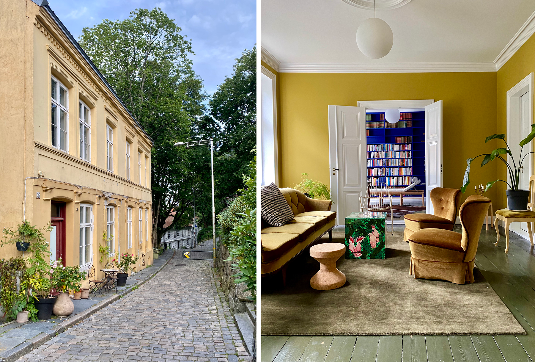Bygården i Øvre Strandgate ble oppført i 1876, Et fasadebilde og et bilde fra en av de tre fargerike stuene.