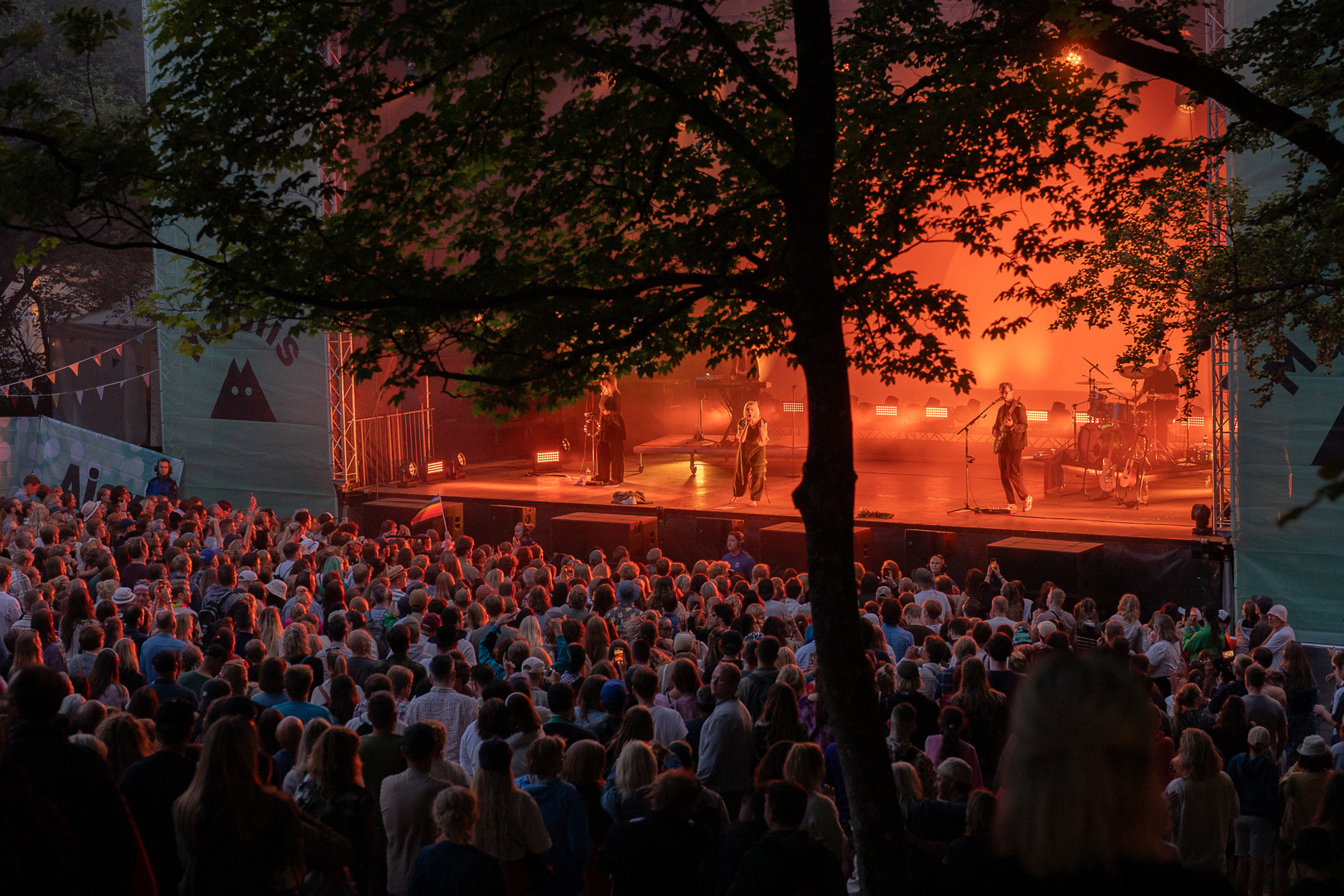 Artist på scene foran stort publikum under Mablisfestivalen i Vålandskogen