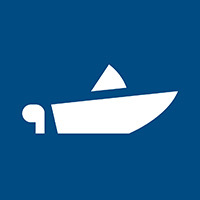 piktogram for båtvrak-avfall, hvit båt på blå bakgrunn