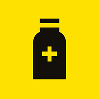Piktogram for medisin-avfall, svart medisinbeholder på gul bakgrunn