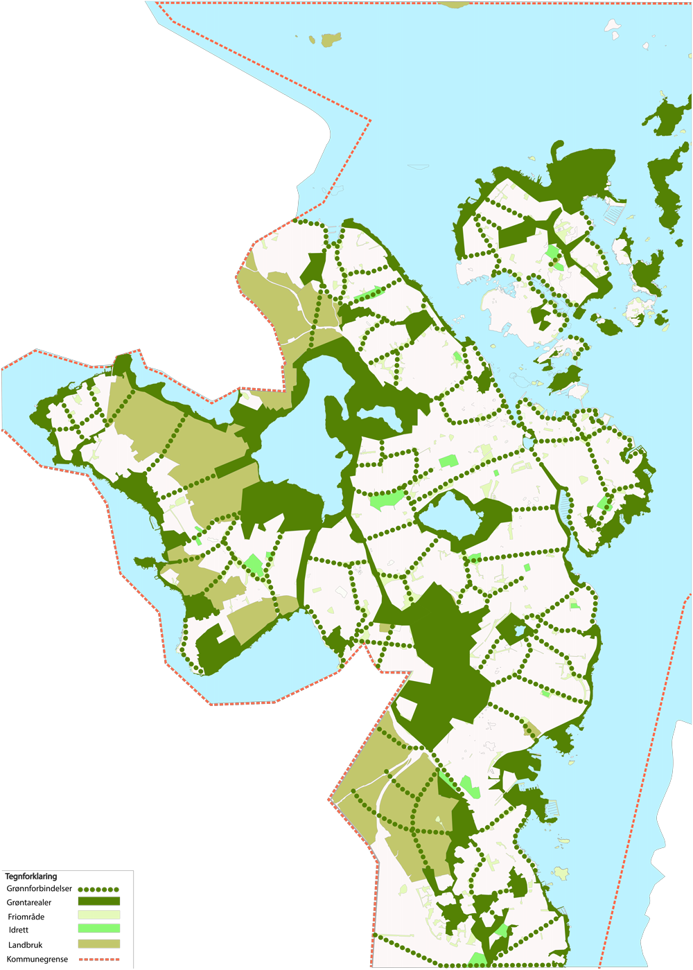 Kart som viser grønnstruktur og grønne forbindelse i de sentrale delene av Stavanger.